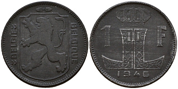 Бельгия 1 франк 1946 Belgie - Belgique KM 128 цинк 67-1117