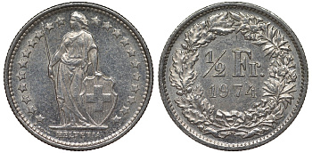 Швейцария 1/2 франка 1974 KM 23а.1 медно-никель 4124-537