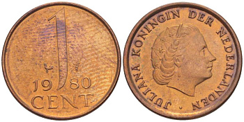 НИДЕРЛАНДЫ 1 ЦЕНТ 1980 КОРОЛЕВА ЮЛИАНА KM 181 бронза 3955-145