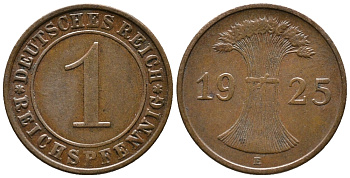 ГЕРМАНИЯ 1 РЕЙХСПФЕННИГ 1925 E KM 37, J. 313 бронза 39-925
