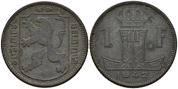 Бельгия 1 франк 1942 Belgique - Belgie, Леопольд III (1934-1947), германская оккупация, Вторая мировая война KM 127 цинк 4161-425