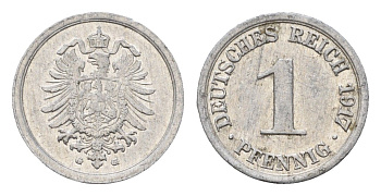 Германия 1 пфенниг 1917 G, Вильгельм II (1888-1918) KM 24, J. 300 алюминий 4630-1028