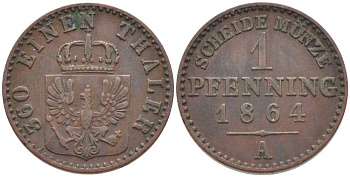 ПРУССИЯ 1 ПФЕННИГ 1864 А, ВИЛЬГЕЛЬМ I (1861-1888) KM 480 медь 201-542