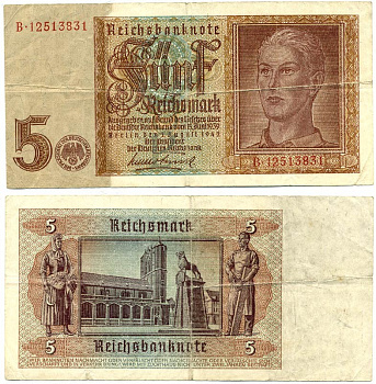 ГЕРМАНИЯ 5 РЕЙХСМАРОК 1942 Pick 186a бумага 6289-41-2-1