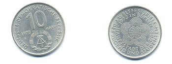 ГДР 10 марок 1973 A, фестиваль молодежи и студентов 1973 года в Берлине KM 44, J. 1545 медно-никель 3333-144