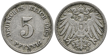 ГЕРМАНИЯ 5 ПФЕННИГОВ 1903 D KM 11, J. 12 медно-никель 39-763