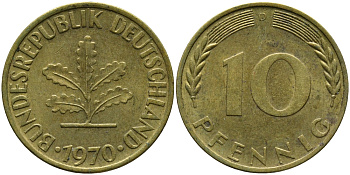 ФРГ 10 ПФЕННИГОВ 1970 D KM 108, J.383 сталь плакированная латунью 98-434
