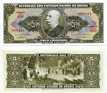 БРАЗИЛИЯ 5 КРУЗЕЙРО 1964 ПОДПИСЬ 14, СЕРИЯ 4316 Pick 176d бумага аUNC 7198-14-2