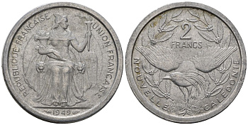 Французская Новая Каледония 2 франка 1949 птица кагу, (IEOM) KM 3, Schoen 3, Lec 55 алюминий    08-442