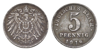 Германия 5 пфеннигов 1918 D KM 19, J. 297 железо 4164-365
