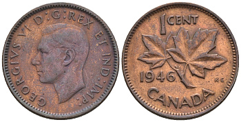 Канада 1 цент 1946 Георг VI (1937-1952), кленовый лист KM 32 бронза 4609-111