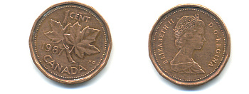 Канада 1 цент 1987 Елизавета II (1952-2022), кленовый лист KM 132 бронза 177-1421