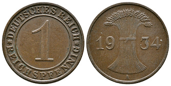 ГЕРМАНИЯ 1 РЕЙХСПФЕННИГ 1934 A KM 37, J. 313 бронза 4380-1246