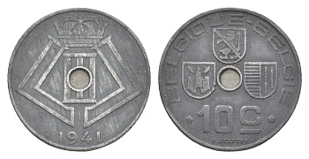 Бельгия 10 сантимов 1941 Belgique - Belgie, Леопольд III (1934-1951), германская оккупация, Вторая мировая война KM 125 цинк 4169-651