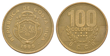 Коста-Рика 100 колонов 1995 KM 230 сталь плакированная латунью 4631-323