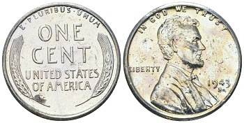 США 1 цент 1943 S (Сан-Франциско), Авраам Линкольн KM 132 a сталь покрытая цинком aUNC 112-126