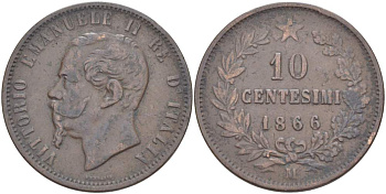 ИТАЛИЯ 10 ЧЕНТЕЗИМО 1866 M, МОНДВОР МИЛАН, ВИКТОР ЭММАНУИЛ II (1861-1878) KM 11.1 медь 4526-812