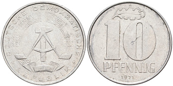 ГДР 10 пфеннигов 1971 А KM 10 алюминий 4571-714