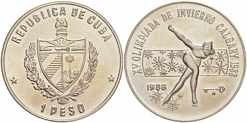 Куба 1 песо 1986 XV зимние Олимпийские игры в Калгари 1988 года, конькобежец, без символики KM 198 медно-никель UNC 189-734