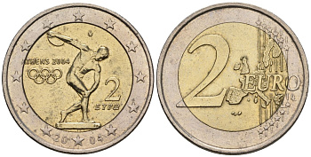 Греция 2 евро 2004 KM 209, Schoen 142 биметалл 4517-345