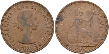 Великобритания 1 пенни 1962 Елизавета II (1952-2022) KM 897, Spink 4157 бронза 4574-215