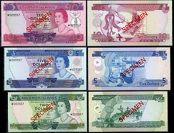 Соломоновы острова 2, 5 и 10 долларов ND (1977) Елизавета II (1952-2022), образец, Specimen, № 003557 Pick 5 s, 6 s, 7 s  бумага  UNC (пресс) 451-19-2
