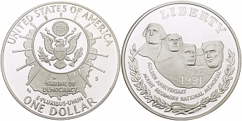 США 1 доллар 1991 S, 50 лет мемориалу президентов, гора Рашмор KM 229 серебро PROOF 1080-5-31