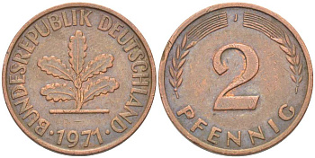 ФРГ 2 ПФЕННИГА 1971 J KM 106a, J. 381a сталь плакированная бронзой 216-1046