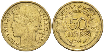ФРАНЦИЯ 50 САНТИМОВ 1941 ТИП MORLON KM 894.1, LE FRANC 192.18 алюминиевая бронза 44-437