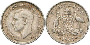 Австралия 6 пенсов 1942 S, Георг V (1936-1952) KM 38 серебро 4623-228