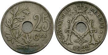 Бельгия 25 сантимов 1922 Belgie KM 69 медно-никель 4165-842