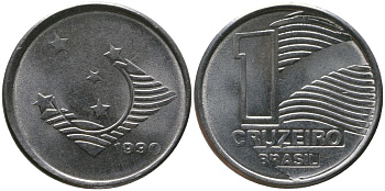 Бразилия 1 крузейро 1990 KM 617, Schon 126 нержавеющая сталь 4567-1239