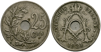 Бельгия 25 сантимов 1921 Belgie KM 69 медно-никель 4165-743
