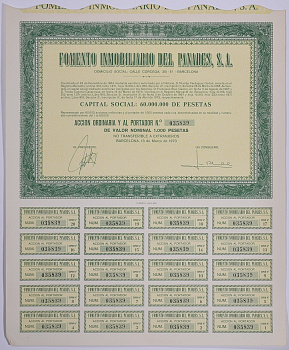 Испания акция на 1000 песет 1973 Fomento Inmobiliario del Panades, S.A., Барселона 1973, с купонами бумага 5544-10