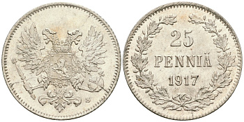Россия для Финляндии 25 пенни 1917 S, временное правительство, без короны KM 19, Биткин 2 серебро aUNC 4580-1231
