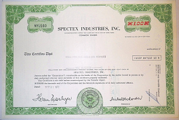 США, Spectex Industries Inc. 100 акций 1972 бумага 8805-23-1