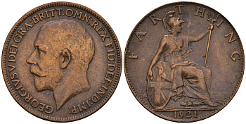 Великобритания 1 фартинг 1921 Георг V (1910-1936), светлая отделка KM 808.2, Spink 4060 бронза 4602-733