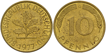 ФРГ 10 пфеннигов 1977 G J. 383, KM 108 сталь плакированная латунью    4603-434