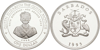Барбадос 1 доллар 1995 95 лет со дня рождения Королевы-матери KM 65 серебро PROOF 1096-4-25