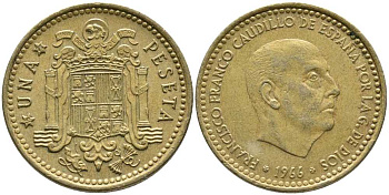 ИСПАНИЯ 1 ПЕСЕТА 1966 (73) ФРАНСИСКО ФРАНКО ДИКТАТОР ИСПАНИИ (1939-1975) KM 796 алюминиевая бронза 110-1214