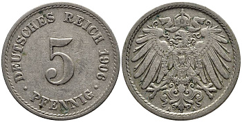 ГЕРМАНИЯ 5 ПФЕННИГОВ 1906 A KM 11, Jager 12, Weege 6 медно-никель 4547-449
