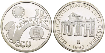 Испания 1 экю 1992 Мадрид - столица европейской культуры в оригинальной деревянной коробке, с сертификатом X M8 серебро  PROOF  4-3-1-08