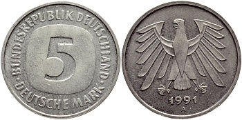 ФРГ 5 МАРОК 1991 A КМ 140.1 J.415 медно-никель плакированный никелем 4389-1125
