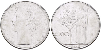 ИТАЛИЯ 100 ЛИР 1978 R, АФИНА KM 96.1 нержавеющая сталь 4526-333