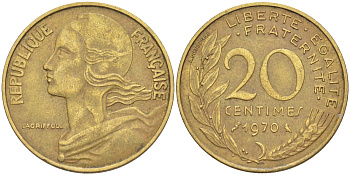 ФРАНЦИЯ 20 САНТИМОВ 1970 ТИП MARIANNE KM 930, Le Franc 156.10 медь алюминий никель 4513-135