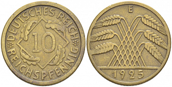 ГЕРМАНИЯ 10 РЕЙХСПФЕННИГОВ 1925 E KM 40 , J.317 алюминиевая бронза 4539-1022