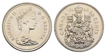 Канада 50 центов 1984 Елизавета II (1952-2022), герб KM 75 никель PROOF-LIKE (BU) 4631-1017