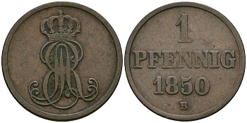 Ганновер 1 пфенниг 1850 B, Эрнст Август (1837-1851) KM 201.1, AKS 129, J. 74 медь 4608-1053
