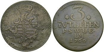 Саксен-Веймар-Эйзенах 3 пфеннига 1760 FS, Анна Амалия Брауншвейгская (1758-1775) KM 34, Koppe 593, Slg. Merseburger 3999 медь 65-556