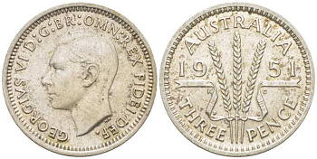 Австралия 3 пенса 1951 PL, Георг VI (1937-1952) KM 44 серебро 4516-145